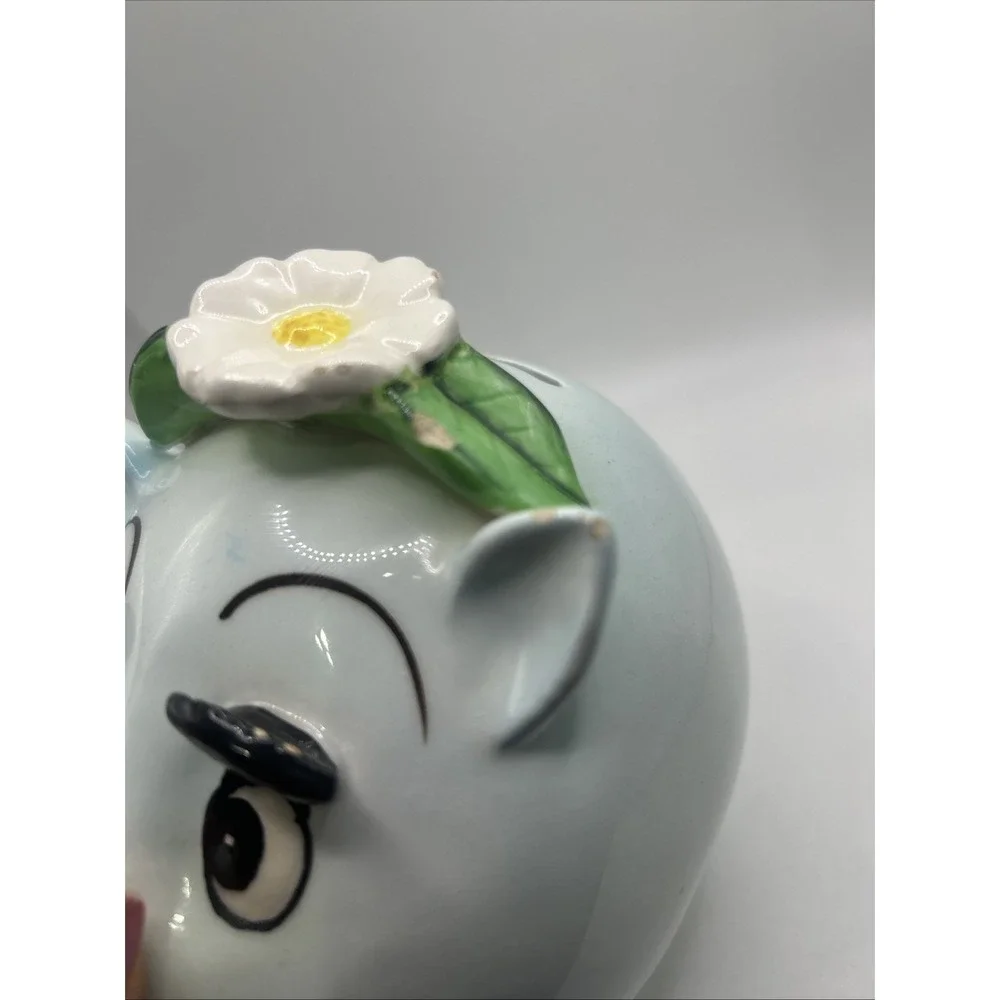 Ceramic Anthropomorphic Blue Piggy Bank Daisy Flower Long Eyelashes Vintage